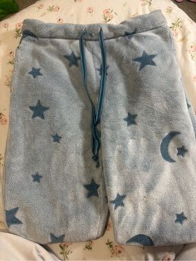 Cozy Light Blue Star & Moon Plush Pajama Bottoms for Kids